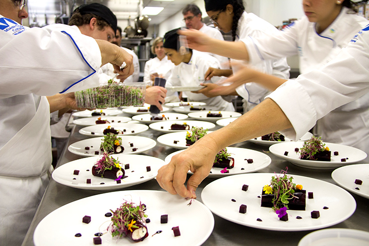 Line of students in the kitchen preparing course of dishes